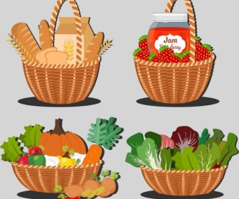 Food Baskets Isolation Bread Jam Vegetables Icons
