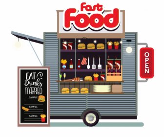 Lebensmittel-Auto-Laden-Ikone Farbige Moderne Flache Skizze