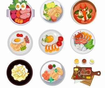 Food Cuisine Icons Colorful Classic Flat Sketch