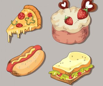 Elementos De Design De Alimentos Pizza Bolos Sanduíche De Cachorro-quente Esboço