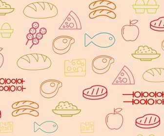 Food Icons Pattern Outline Colorful Repeating Design