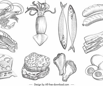 Food Ingredients Icons Black White Handdrawn Sketch