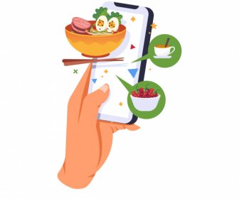 food ordering application icon hand smartphone cuisines sketch