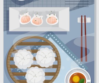 Makanan Poster Asian Dimsum Sketsa Desain Datar Warna-warni