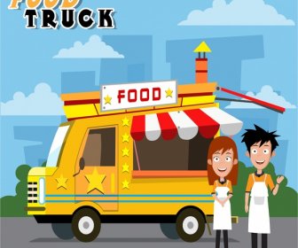 Food-LKW Und Verkäufer-Design Mit Bunten Illustrationen