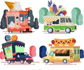 푸드 트럭 아이콘 여러 가지 빛깔의 만화 디자인