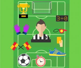 Football Icons Illustration With Symbols On Green Field