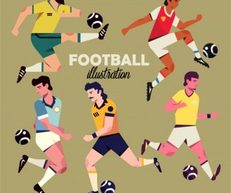 Football Players Icons Dynamic Cartoon Sketch