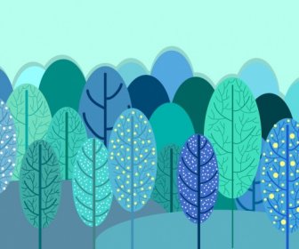 الغابات الخلفية متعددة الألوان مرسومة باليد اسلوب الشجرة الايقونات