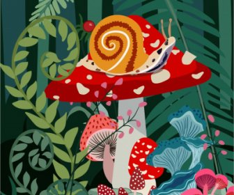 森林背景蘑菇蜗牛树素描五彩经典