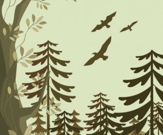 Wald-Hintergrund Bäume Vögel Symbole Dekoration Klassisches Design