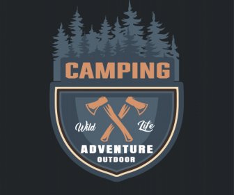 Logotipo De Camping Bosque Oscuro Retro Plano Boceto