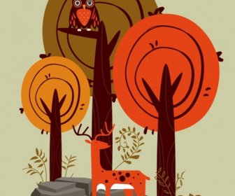 Hutan Gambar Rusa Owl Pohon Ikon Desain Klasik