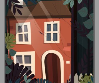 森の家の絵画暗いカラフルな古典的なスケッチ