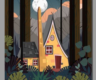 Forest House Painting Moonlight Decor Colorful Classic