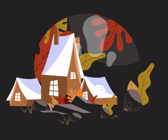 Waldlandschaft Hintergrund Cottages Skizzieren Kontrastdesign