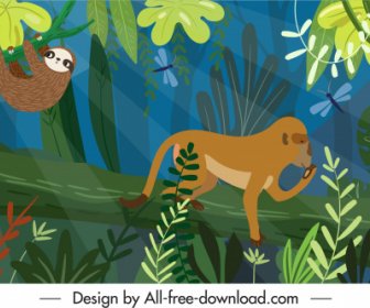 森林画五颜六色的植物动物素描