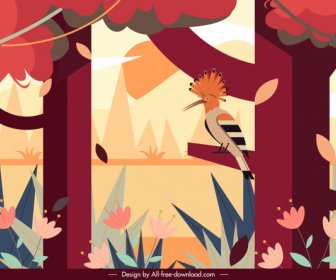 Hutan Lukisan Pohon Woodpecker Sketsa Warna-warni Klasik