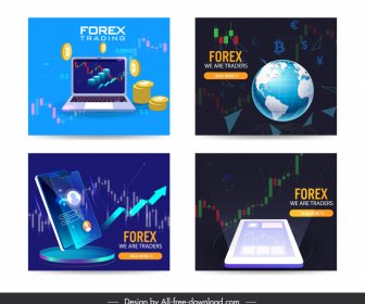  Forex Trading Banner Collection Global Digital Business Elements Sketch