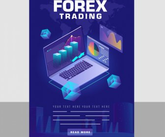 Forex Trading Banner Realista 3d Laptop Cubos Decoração
