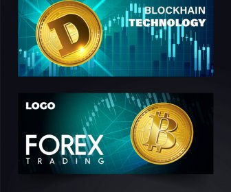 Forex Trading Block Chain Tech Banners Golden Coins Chart Decor