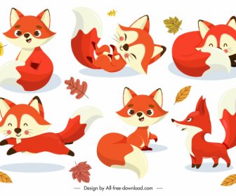 Fox Icons Cute Cartoon Sketch Dynamic Gestures