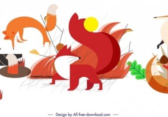 狐狸图标集合有色的动画片剪影
