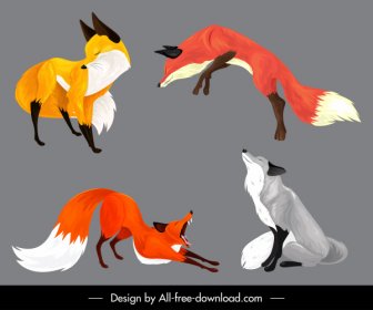 狐狸圖示各種手勢五顏六色的素描卡通設計