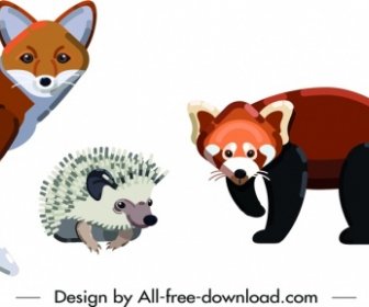 Fox Porcupine Weasel Animals Icons Colored Cartoon Sketch