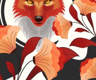 Fox Plakat Szablon Pomarańczowy Kolor Wystrój Kwiatowy Ornament
