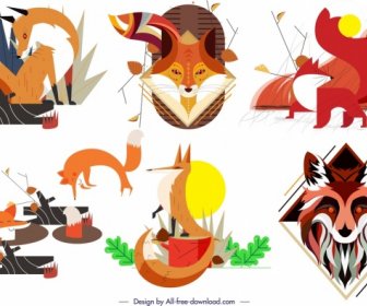 Fox Wild Animal ícones Coleção Colorida Design Clássico