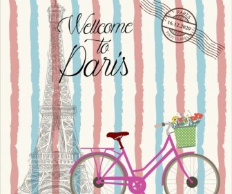 Annuncio Di Francia Avvolgono Le Icone Sullo Sfondo Torre Biciclette Timbro