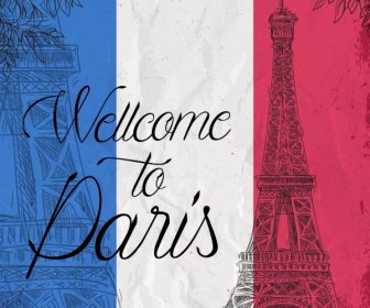 Pháp Quảng Cáo Cờ Màu Phác Họa Handdrawn Eiffel Biểu Tượng