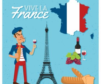 France Advertising Banner Flag Wine Bread Tower Icons
