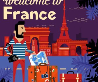 France Advertising Banner Tourist Luggage Landmark Icons