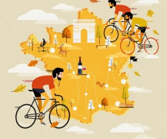France Bicycling Tournament Banner Bicyclists Map Symbols Decor