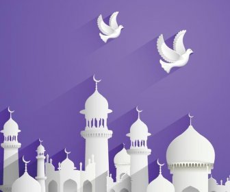 Vettore Libero Bella Moschea Di Carta Con Uccelli Che Volano Scheda Di Celebrazione Di Eid
