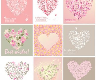 Бесплатные Векторные красивые цветочные искусства сердце форму поздравительных открыток набор