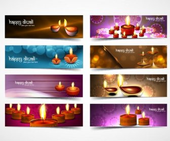 Free Vector Beautiful Set Of 8 Different Happy Diwali Banner Template