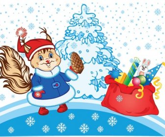 Бесплатные Векторные мультфильм Санта белка с подарком