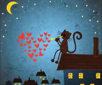 Бесплатные Векторные кошка поет песню о любви в ночь