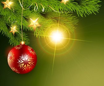Kostenlose Vektor-Weihnachtskugel Hängen Im Baum Tanne Grußkartenvorlage