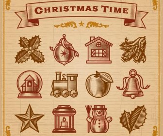 Бесплатные векторные рождественские украшения старинных икона набор