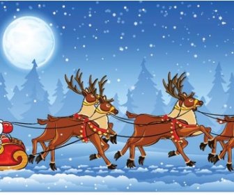 Bebas Vektor Natal Santa Claus Naik Pada Reindeers Salju Lanskap