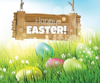 Free Vector Colorful Egg On Grass With Happy Easter Wooden Board