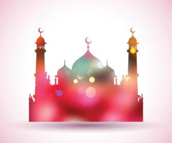 Vektor Gratis Warna-warni Bersinar Masjid Kartu Ucapan Hari Raya Pada Latar Belakang Merah Muda