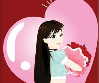 Vektor Gratis Gadis Cantik Di Jantung Memegang Valentine Hari Bunga