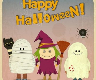 Vetor Livre Menina Cute Bruxa Com Esqueleto Poster Retro Feliz De Halloween
