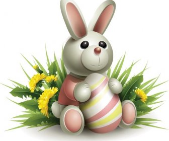 Бесплатные Векторные мило 3d Пасхальный кролик с яйца на траве
