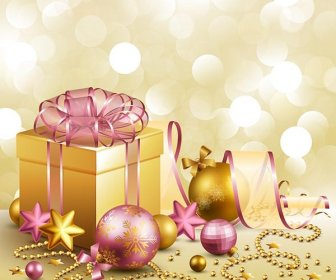 Free Vector Gift Box And Xmas Ball With Pink Ribbon Glowing Background